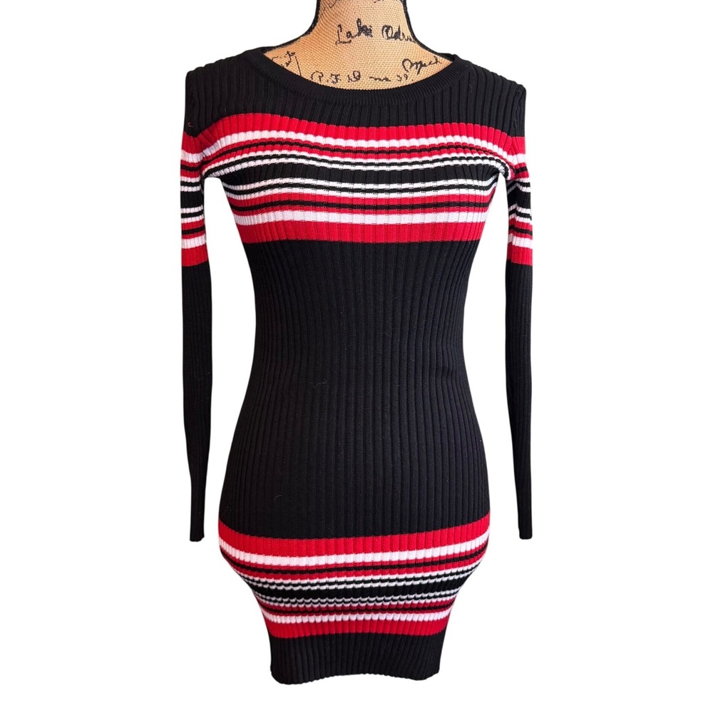 No Boundaries Womens Ribbed Striped Bodycon Sweater Dress Black Red White Small